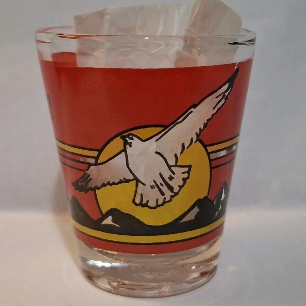 Vintage Shot Glass Souvenir of Oregon Red w Black Mountains & White Bird